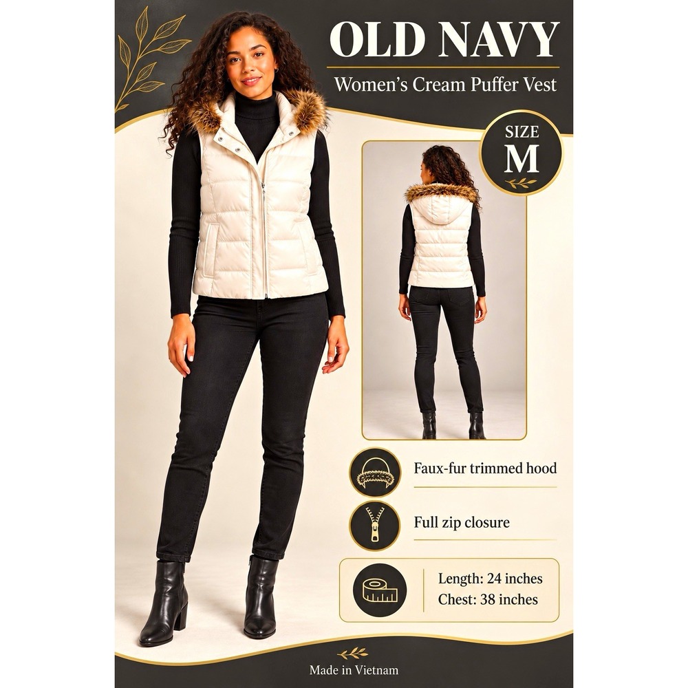 Old Navy Womens Puffer Vest M Cream Quilted Faux Fur Trim Hood Full Zip Pockets
